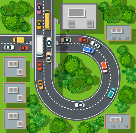 Top view of the city from the streets, roads, houses, and carsのイラスト素材