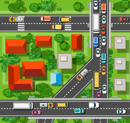 Top view of the city from the streets, roads, houses, and carsのイラスト素材