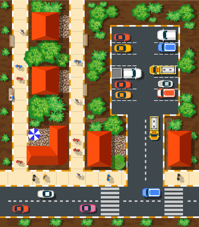 Top view of the city from the streets, roads, houses, and carsのイラスト素材