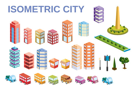 3D  kit metropolis of skyscrapers, houses, gardens and streets in a three-dimensional isometric viewのイラスト素材