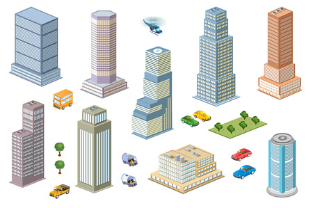 3D  kit metropolis of skyscrapers, houses, gardens and streets in a three-dimensional isometric viewのイラスト素材