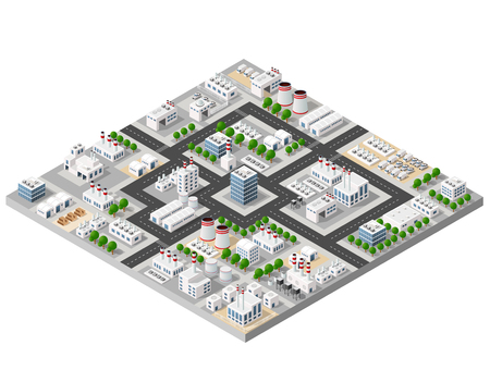 The perspective view of the landscape of industrial objects plants, factories, parking lots and warehouses. Isometric top view the city with streets, buildings and trees. 3D city construction industryのイラスト素材
