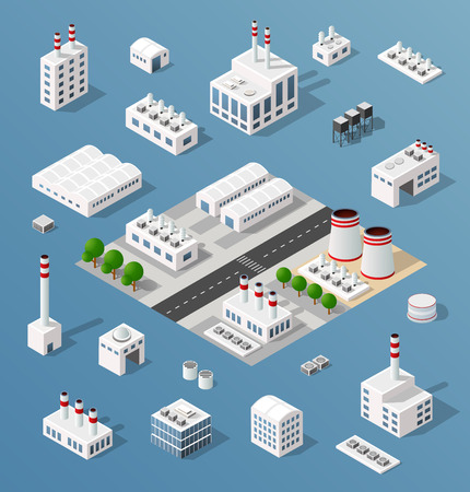 The 3D perspective view of a set of objects of industrial plants, factories, parking lots and warehouses. Isometric view from above the city with streets, buildings and trees.のイラスト素材