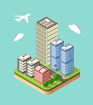 Flat 3d isometric urban city infographic concept. Township center map with buildings, shops and roads on the plane.のイラスト素材