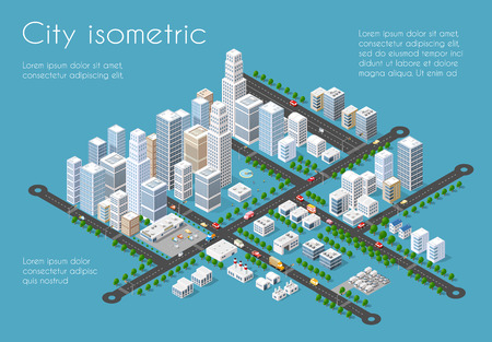 Transportation 3D city streets intersection with houses and trees. Isometric view from above on a city transportのイラスト素材