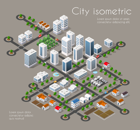 Transportation 3D city streets intersection with houses and trees. Isometric view from above on a city transportのイラスト素材