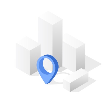 Isometric city with skyscrapers with houses, streets and buildings. Navigation pointer arrow direction of movement and travelのイラスト素材