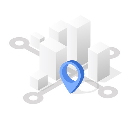 Isometric city with skyscrapers with houses, streets and buildings. Navigation pointer arrow direction of movement and travel.のイラスト素材