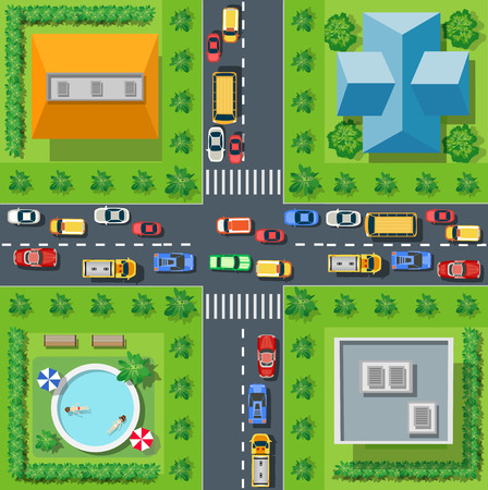 Top view from city street with asphalt and transport. People walking down the sidewalk, intersecting the road at a pedestrian crossing. Urban landscape of the big placeのイラスト素材