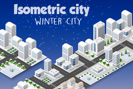 Isometric set of the modern 3D city. Winter landscape snowy trees, streets. Three-dimensional views of skyscrapers, houses, buildings and urban areas with transport roads, intersectionsのイラスト素材