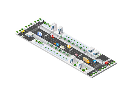Isometric module of the modern 3D city. Winter landscape snowy trees, streets. Three-dimensional views of urban areas with transport roads, intersectionsのイラスト素材