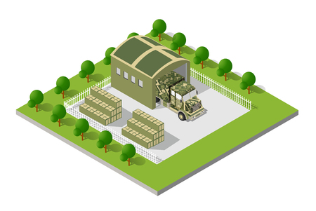 A military truck army vehicle transport in camouflage color disguise. Isometric stock picture truck vectorのイラスト素材