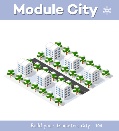 New Year Christmas 3d house in the winter forest. Isometric city building in the region landscape. Three-dimensional urban neighborhood with streets and houses. Seasonal nature scenery stock vectorのイラスト素材
