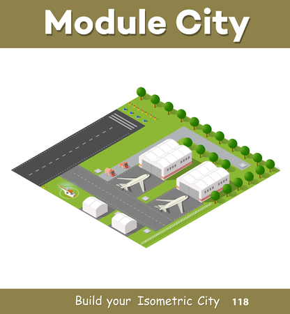 Isometric 3D city airport with transport aircraft and the runway. Skyscrapers, houses and streets with urban traffic movement of the car with trees and natureのイラスト素材