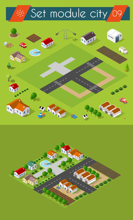Set for design 3d cityscape city street public house on top of a block intersection of Highway Transportation street. Isometric view of skyscraper office buildings and residential construction areaのイラスト素材