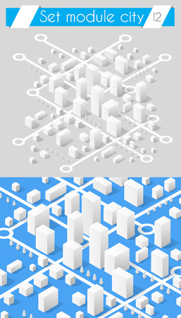 Set for design 3d cityscape city street public house on top of a block intersection of Highway Transportation street. Isometric view of skyscraper office buildings and residential construction areaのイラスト素材