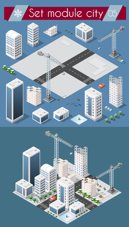Set for design 3d cityscape city street public house on top of a block intersection of Highway Transportation street. Isometric view of skyscraper office buildings and residential construction areaのイラスト素材