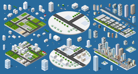Cityscape design elements with isometric building city map generator. 3D flat icon set. Isolated collection elements for creating your perfect road, park, transport, trees, infrastructure, industrialのイラスト素材