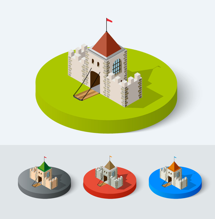 Medieval castle icon vector set. Fort tower isometric building city urban element in flat style. Knights, royal, princess fortress sign.のイラスト素材