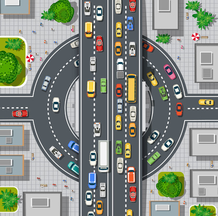 Top view of city map. Crossroads of urban streets with traffic automobile and a lot of cars with traffic jam congestionのイラスト素材