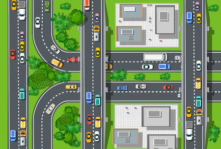 Top view of city map. Crossroads of urban streets with traffic automobile and a lot of cars with traffic jam congestionのイラスト素材