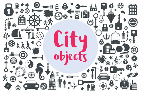 Set of flat silhouettes of icons city flat style with urban objects and houses, skyscrapers and buildingsのイラスト素材