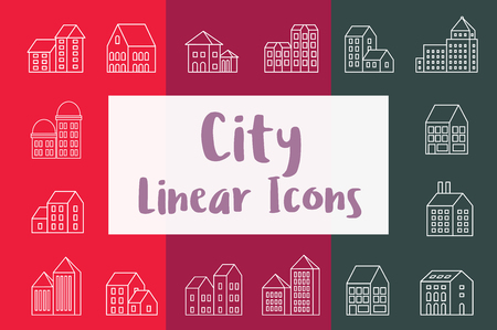 Set city urban icons in flat style with houses, skyscrapers and buildingsのイラスト素材