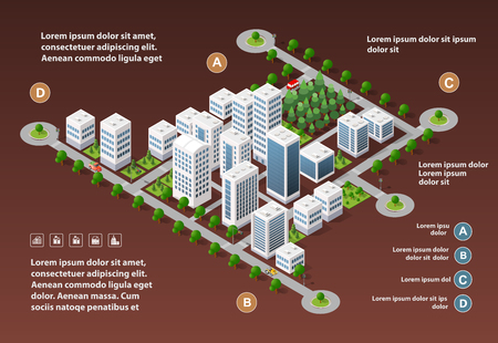 Isometric 3D city megapolis structure urban landscape top view with streets, houses, trees and transportのイラスト素材