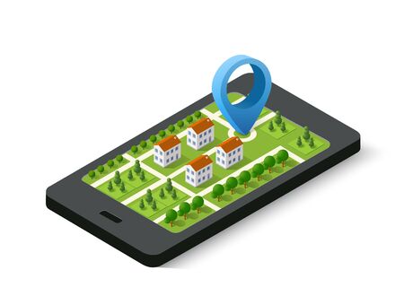 Isometric 3D navigation sign and pin symbol on mobile phone city urban map indicating the location and directionのイラスト素材