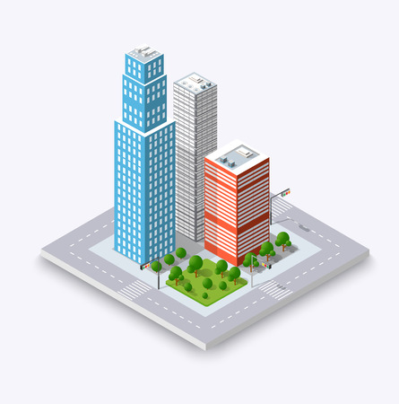 City isometric concept of urban infrastructure business. Vector building illustration of skyscraper and collection of urban elements architecture, home, construction, block and parkのイラスト素材