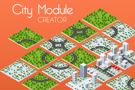 City module creator isometric concept of urban infrastructure business. Vector building illustration of skyscraper and collection of urban elements architecture, home, construction, block and parkのイラスト素材