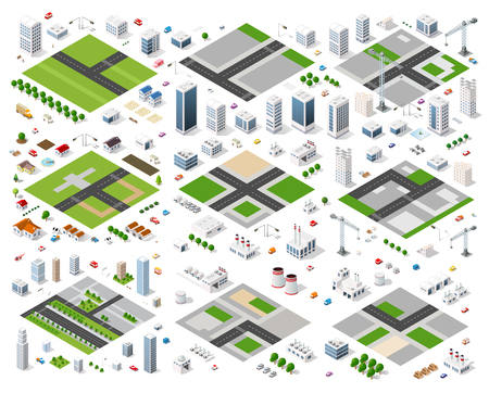 Set of isometric modules for construction and constructing the urban area of the city infrastructure with transport, streets, houses and treesのイラスト素材