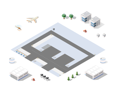 Set of isometric objects and elements for construction and constructing the urban area of the city airport infrastructure with transport, streets, houses and trees.のイラスト素材