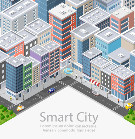 Smart city isometric urban conceptual city illustration, houses, streets and buildingsのイラスト素材
