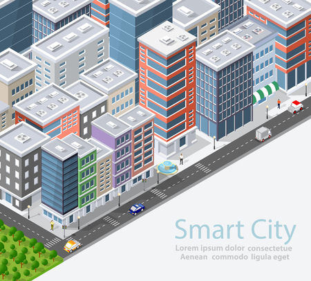Smart city isometric urban conceptual city illustration, houses, streets and buildings.のイラスト素材