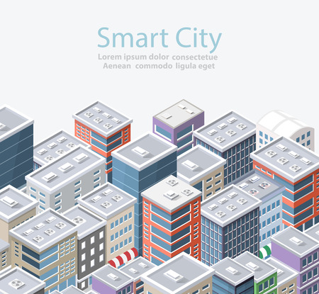 Smart city isometric urban conceptual city illustration, houses, streets and buildings.のイラスト素材