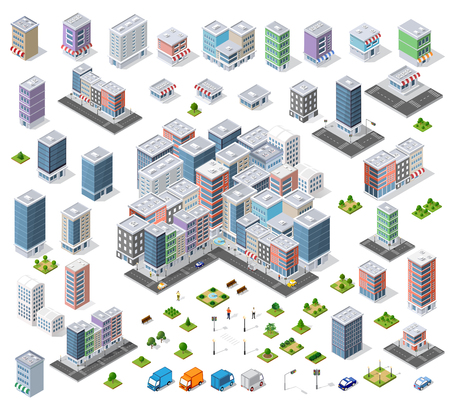 Urban Isometric area of the city infrastructure with transport, streets, housesのイラスト素材
