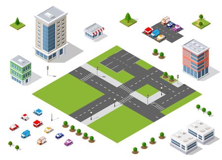 Set of town district of the city in isometric landscape urban infrastructure of houses, streets and buildingsのイラスト素材