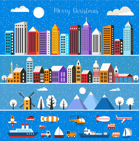 Set of houses and objects Christmas winter landscape flat city xmas backdrop urban building for holiday and designのイラスト素材