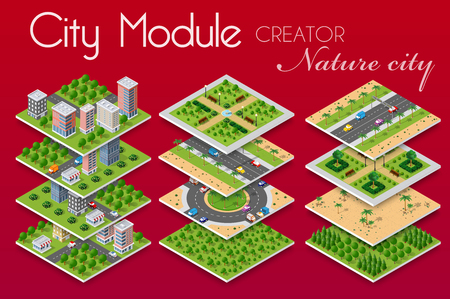 City module builder constructor isometric concept of urban infrastructure business. Vector building illustration of natural park alley square with with trees, benches, paths and lawnsのイラスト素材