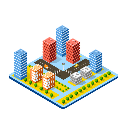 Colorful 3D isometric city of houses and street of the urban multicolored landscapeのイラスト素材