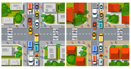 Top view of the city roof of the house and street urban landscape view town infrastructureのイラスト素材