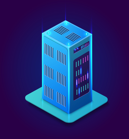 Isometric 3D blockchain data bitcoin center computer objects, cryptocurrency server hosting, cloud storage place. Violet vector illustrationのイラスト素材