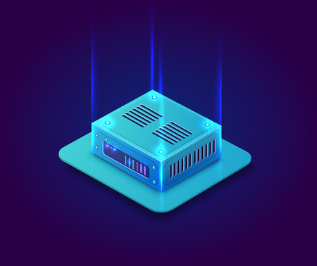 Isometric 3D blockchain data bitcoin center computer objects, cryptocurrency server hosting, cloud storage place. Violet vector illustrationのイラスト素材