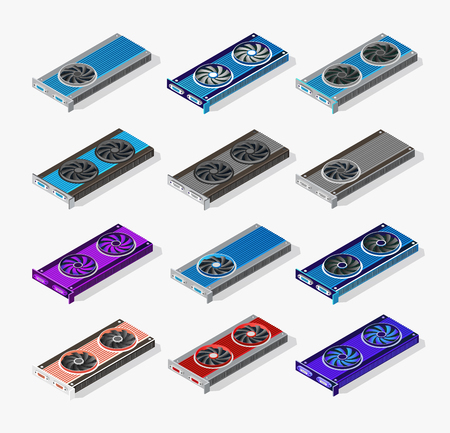 Video card set of mining bitcoin on digital technology video cryptocurrency blockchain business. The component of electronic equipment high-tech industry isometric graphics component.のイラスト素材