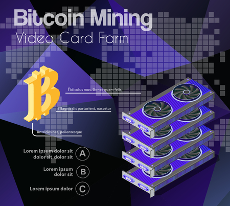 Video card set of mining bitcoin on digital technology video cryptocurrency blockchain business. The component of electronic equipment high-tech industry isometric graphics component.のイラスト素材