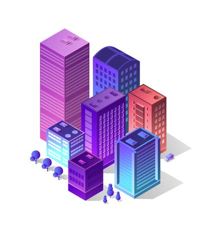 Isometric city of violet colors 3d building modern town street, urban road architecture. Ultraviolet illustration map of isometry for the business design concept.のイラスト素材