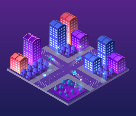 Isometric ultra city concept of violet style, an ultraviolet 3d modern design of urban street of a skyscraperのイラスト素材