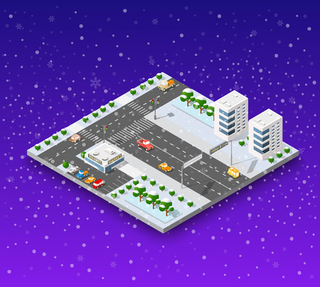Christmas city isometric urban winter quarter in the snow and in snowflakes, snowstorms and the festive landscape of the New Year holidaysのイラスト素材