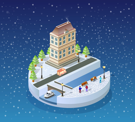 Winter Christmas landscape urban isometric city block in the snow covered and snowflakes, snowstorms and festive of the New Year digital modern concept background holidayのイラスト素材